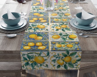 Positano Table Runner, Italian Table Linens, Positano-inspired Tablecloth, Blue and Lemons Table Decor, Mosaic Tile Runner