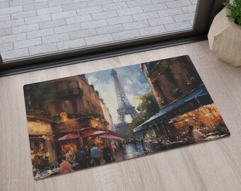 Eiffel Tower Kitchen Mat with Paris Oil Painting Style Bath Mat Sturdy French-Themed Doormat for Paris Traveler France-Theme Home Decor Gift
