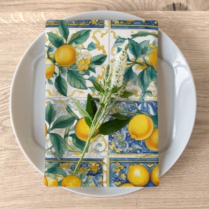 Citroenservetten Amalfi-geïnspireerd tegelpatroon stoffen servetten Italië citroen dinerservetten met Italiaans thema tafellinnen eettafel decoridee