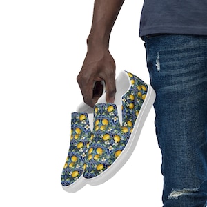 Men’s Slip-On Lemon Canvas Shoes with Blue Tile and Lemon Design Amalfi Walking Shoe Comfortable Travel Footwear with Stylish Citrus Theme