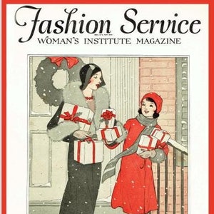 Può includere: Copertina di rivista vintage "Fashion Service" con bordo rosso. L'illustrazione raffigura due figure in abiti invernali che trasportano regali confezionati. Il testo recita "Numero delle vacanze" e menziona occasioni festive e Natale. Dicembre 1929.