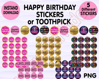 Autocollants sur le thème du joyeux anniversaire dans 5 modèles différents. Autocollant élégant. Décoration imprimable de gâteau d'étiquette d'anniversaire. Étiquettes d'anniversaire. Étiquette heureuse