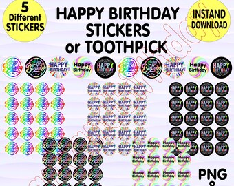 Autocollants sur le thème du joyeux anniversaire dans 5 modèles différents. Autocollant de couleur. Décoration imprimable de gâteau d'étiquette d'anniversaire. Étiquettes d'anniversaire. Étiquette heureuse