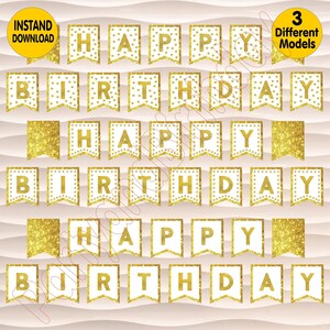 Happy birthday gold banner, 3 different model, star, circle and gold, digital, birthday banner, party banner, bright gold colors