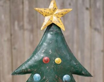 Set of 2 Hand-Hammered Metal Christmas Tree Yard Stakes