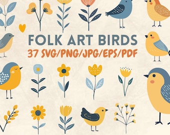 Folk Art Birds and Floral Elements, 37 SVG Scandinavian Inspired Bundle. Colorful Vector and PNG Files for Cricut, DFT, Printing & Crafting