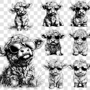 May include: A collection of ten black and white illustrations of Highland cattle wearing sunglasses. The cattle are drawn in a cartoon style and are all looking at the camera.