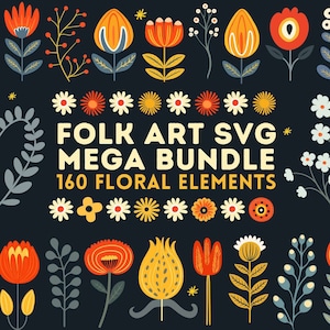 Clipart floreale di arte popolare scandinava, pacchetto PNG SVG 160 per uso commerciale, per Cricut, stencil, borsa tote, federa, camicia, lavorazione