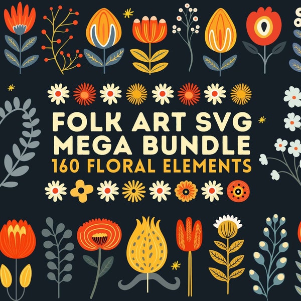 Scandinavian Folk Art Floral Clipart, 160 SVG PNG Bundle for Commercial Use, for Cricut, Stencils, Tote Bag, Pillow Case, Shirt, Crafting