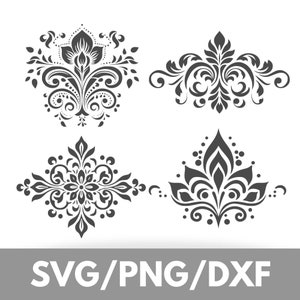Op de afbeelding: Vier ingewikkelde bloemmotieven in zwart en wit. De ontwerpen zijn in damask-stijl en perfect voor gebruik in knutselprojecten.