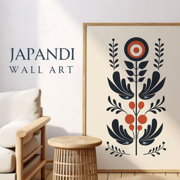 Japandi Wall Art, Scandinavian Floral Folk Art, Japandi Decor Folk Art Painting Swedish Folk Art, Norwegian Folk Art, Finnish Folk Art Motif