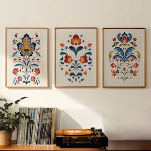 Scandinavian Folk Art Floral Wall Art Print Set of 3, Japandi Floral Art Print, Bedroom Living Room Nursery Nordic Decor, Instant Download