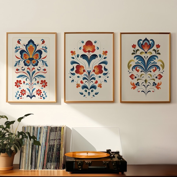 Scandinavian Folk Art Floral Wall Art Print Set of 3, Japandi Floral Art Print, Bedroom Living Room Nursery Nordic Decor, Instant Download