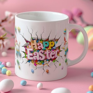 Joyeuses Pâques trou dans le mur du papier peint, Sublimation 3D tasse fissurée PNG, emballage de 11 oz mignons gnomes de Pâques tasse à café Wrap Design usage Commercial