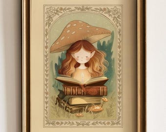 Mushroom Fairy Reading Art Print, Cottagecore Nursery Decor (Digital Download)