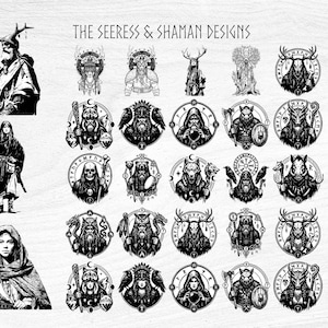May include: Black and white illustrations of seers and shaman designs. The image includes detailed drawings of figures with staffs, animals, and circular emblems. Text at the top reads "The Seeress & Shaman Designs."