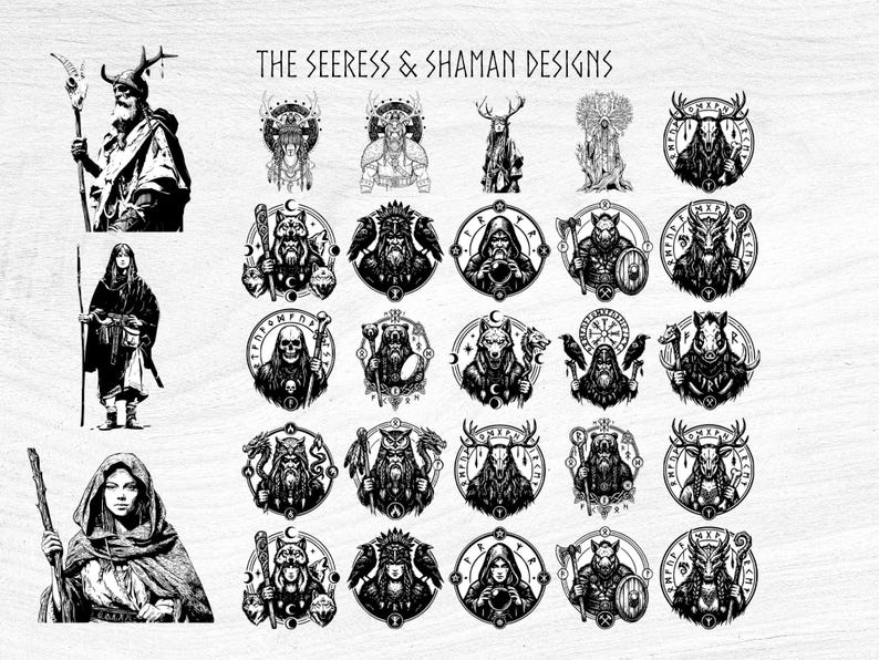 May include: Black and white illustrations of seers and shaman designs. The image includes detailed drawings of figures with staffs, animals, and circular emblems. Text at the top reads "The Seeress & Shaman Designs."