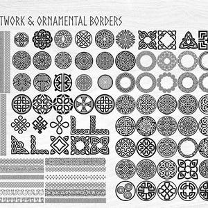 May include: A collection of black and white knotwork and ornamental borders. The designs include Celtic knots, circular patterns, and geometric shapes. The text "KNOTWORK & ORNAMENTAL BORDERS" is at the top.
