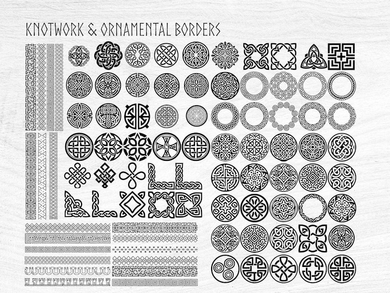 May include: A collection of black and white knotwork and ornamental borders. The designs include Celtic knots, circular patterns, and geometric shapes. The text "KNOTWORK & ORNAMENTAL BORDERS" is at the top.