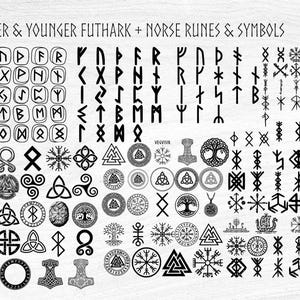 May include: A collection of Elder Futhark runes, Younger Futhark runes, and Norse symbols in black. The image includes various runic alphabets and symbols, such as the Vegvisir, a hammer, and tree of life. The text "ELDER & YOUNGER FUTHARK + NORSE RUNES & SYMBOLS" is at the top.