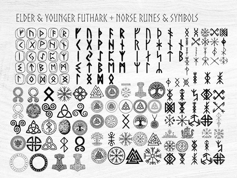 May include: A collection of Elder Futhark runes, Younger Futhark runes, and Norse symbols in black. The image includes various runic alphabets and symbols, such as the Vegvisir, a hammer, and tree of life. The text "ELDER & YOUNGER FUTHARK + NORSE RUNES & SYMBOLS" is at the top.