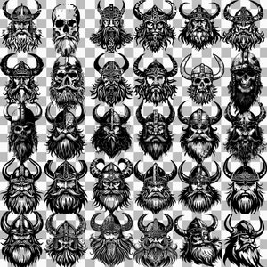 May include: A set of 36 black and white illustrations of Viking helmets with horns. The helmets are drawn in a detailed style with intricate designs.