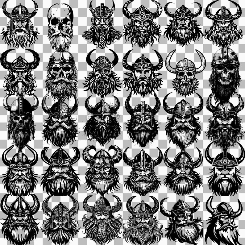 May include: A set of 36 black and white illustrations of Viking helmets with horns. The helmets are drawn in a detailed style with intricate designs.