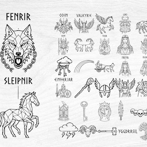 May include: Black and white line art illustrations of Norse mythology figures, including Fenrir, Sleipnir, Odin, Valkyrie, Thor, Loki, Tyr, Freya, and others. The image features geometric designs and text labels.