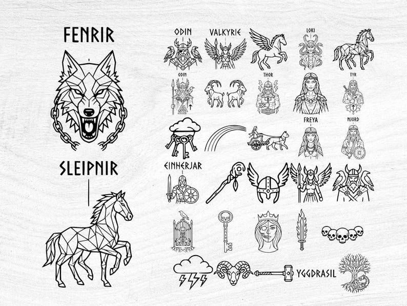 May include: Black and white line art illustrations of Norse mythology figures, including Fenrir, Sleipnir, Odin, Valkyrie, Thor, Loki, Tyr, Freya, and others. The image features geometric designs and text labels.