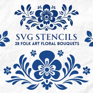Scandi SVG-stencils, 28 Delfts blauwe volkskunst bloemenboeketten en voettekstdecor, stoffig blauw, koningsblauw huwelijksuitnodiging, meubeloverdracht