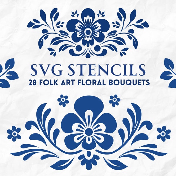 Pochoirs Scandi SVG, 28 bouquets floraux d’art populaire bleu Delft et décor de pied de page, bleu poussiéreux, invitation de mariage bleu royal, transfert de meubles