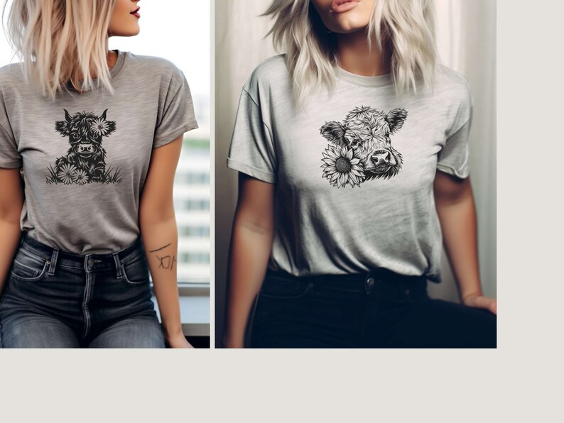 May include: Two women wearing gray t-shirts with a black and white illustration of a Highland cow with flowers on the front.