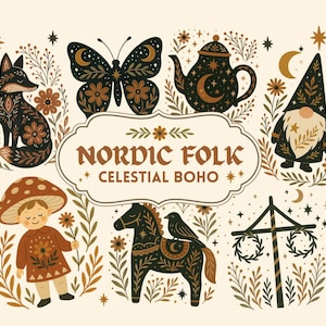 Lot de cliparts bohème céleste d'art populaire nordique. Pépinière botanique boisée scandinave 30 PNG en téléchargement numérique. Cheval Dala, gnomes suédois.