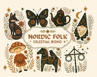 Può includere: Una collezione di illustrazioni in stile folk art che raffigurano una farfalla, una teiera, uno gnomo, una persona fungo, un cavallo e un maggio. Le illustrazioni sono in nero, bianco e marrone con accenti dorati. Il testo "Nordic Folk Celestial Boho" è presente al centro dell'immagine.
