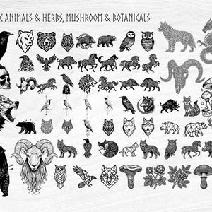 May include: Black and white illustrations of Nordic animals, herbs, mushrooms, and botanicals. The image includes a raven on a skull, bears, wolves, owls, horses, and a dragon. The text at the top reads "NORDIC ANIMALS & HERBS, MUSHROOM & BOTANICALS."
