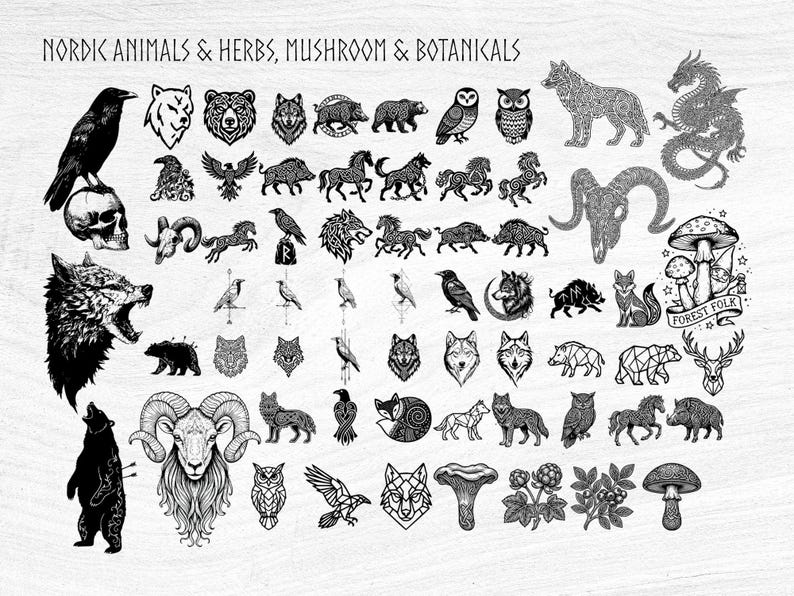 May include: Black and white illustrations of Nordic animals, herbs, mushrooms, and botanicals. The image includes a raven on a skull, bears, wolves, owls, horses, and a dragon. The text at the top reads "NORDIC ANIMALS & HERBS, MUSHROOM & BOTANICALS."
