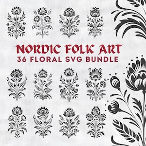 Art folklorique suédois SVG transfert de meubles floraux pochoirs, lot de cliparts fleurs sauvages scandinaves et suédois, créations en papier, dessin au trait tatouage