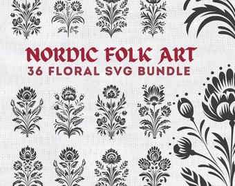 Puede incluir: Un conjunto de 36 diseños florales SVG en blanco y negro en estilo de arte popular nórdico. Los diseños son perfectos para crear manualidades, tarjetas de felicitación y otros proyectos.