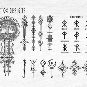 May include: Black and white tattoo designs featuring geometric shapes, runes, and the text "TATTOO DESIGNS" and "BIND-RUNES". The designs include symbols for courage, energy, good luck, protection, health, love, safe travels, and relationships.