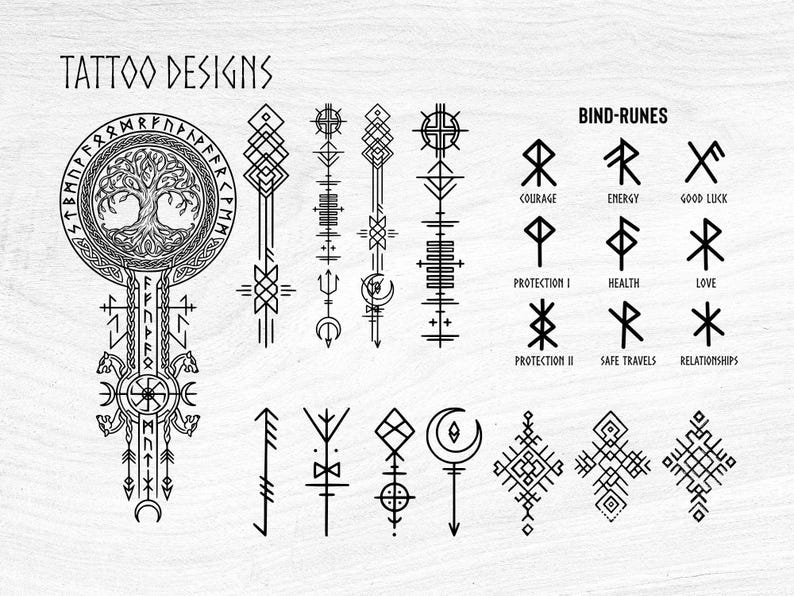 May include: Black and white tattoo designs featuring geometric shapes, runes, and the text "TATTOO DESIGNS" and "BIND-RUNES". The designs include symbols for courage, energy, good luck, protection, health, love, safe travels, and relationships.