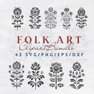Art folklorique fleurs sauvages SVG Bundle, clipart scandinave, art folklorique suédois tige florale PNG botanique DIY plans meubles pochoir, frotter sur le transfert