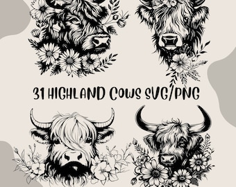 Paquete de archivos SVG de vaca de las Tierras Altas con motivos florales, archivos para corte láser (uso comercial)