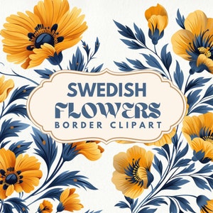 Zweedse bloemen clipartbundel, gele en blauwe papaver bloemenboeketranden voor knutselen, afdrukken, kinderkamermuurkunst en huwelijksuitnodigingen