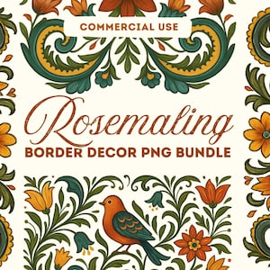 Lot de cliparts d'art populaire de Rosemaling. Téléchargement numérique de décoration de frontière norvégienne. Fichiers scandinaves PNG JPG pour création, emballage de gobelet, impression