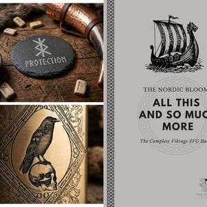 May include: A composite image featuring Viking-themed elements. Includes a slate coaster with the word "PROTECTION", a raven perched on a skull, a Viking ship illustration, and the text "ALL THIS AND SO MUCH MORE".