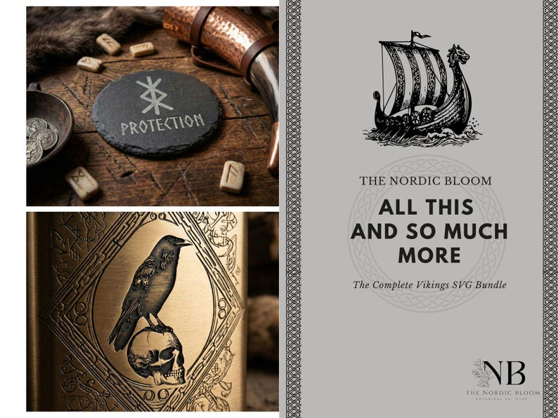 May include: A composite image featuring Viking-themed elements. Includes a slate coaster with the word "PROTECTION", a raven perched on a skull, a Viking ship illustration, and the text "ALL THIS AND SO MUCH MORE".