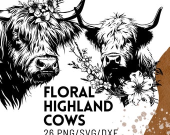 Paquete SVG de vaca de las Tierras Altas con flores: 26 diseños de vacas de las Tierras Altas para corte y grabado láser. Archivo de corte Cricut para sublimación y uso comercial.