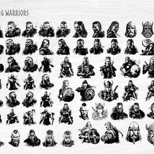 May include: Black and white illustrations of Viking warriors. The image features a collection of detailed portraits and full-body depictions of Vikings, including warriors with helmets, shields, and weapons. The text "VIKING WARRIORS" is at the top.