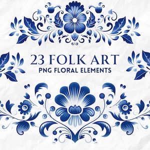 Folk Art Flower Clipart, 23 Delft Blue Floral Bouquets Elements for Royal Blue Wedding Invitation, Bridal Shower, DIY Project Commercial Use