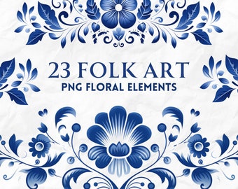 Folk Art Flower Clipart, 23 Delft Blue Floral Bouquets Elements for Royal Blue Wedding Invitation, Bridal Shower, DIY Project Commercial Use